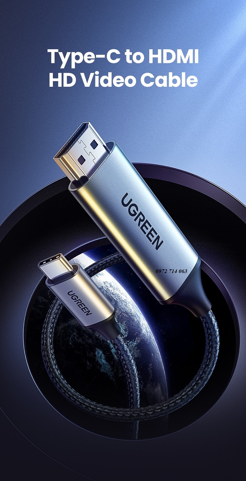 Cáp chuyển đổi USB TypeC sang HDMI, có chíp, 1,5M Ugreen 50570, đen xám